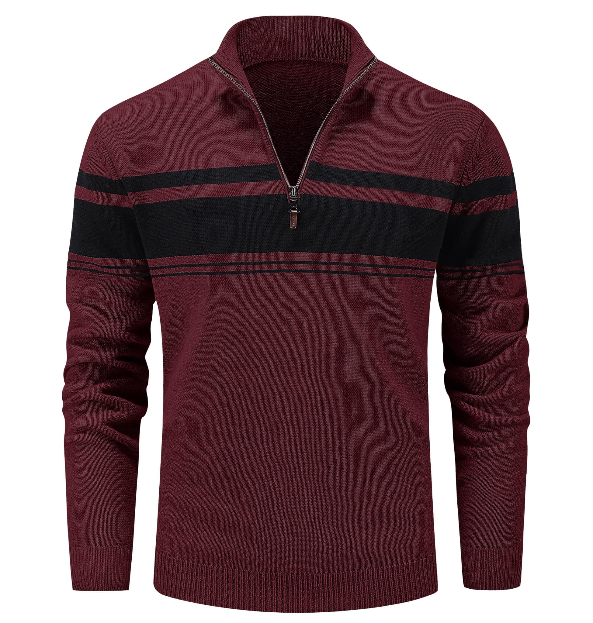 MAGCOMSEN Men's Sweaters 1/4 Zip Up Casual Striped Pullover Polo Sweaters Fall Winter Sweatshirts, Wine Red, L