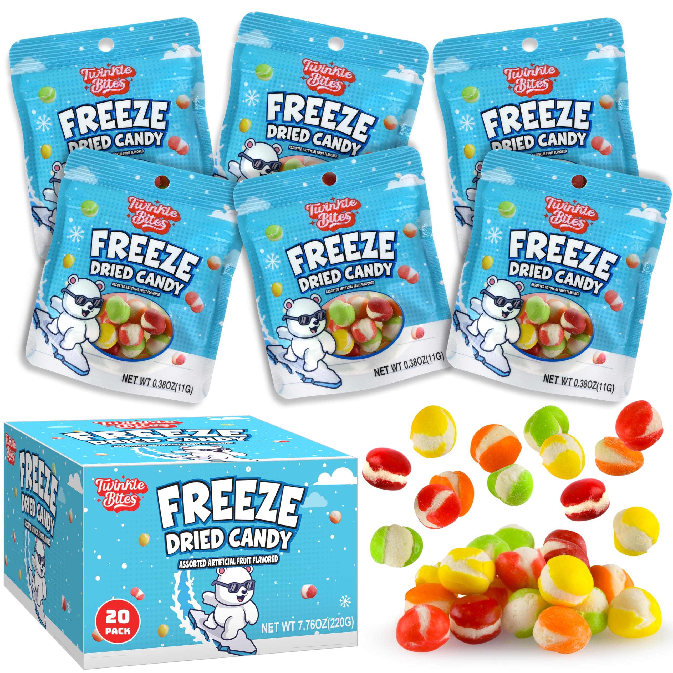 20 Pack Freeze Dried Candy- 10 Pcs Per Bag - Bulk Candy - Resealable Bag For, Kids, Adults, School, Party, Birthday, 3 Delicious Flavors