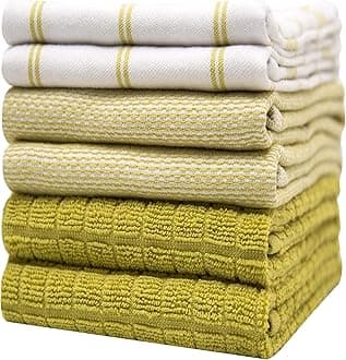 Premium Kitchen Towels (20”x 28”, 6 Pack) | Large Cotton Dish Towels | Flat & Terry Highly Absorbent Kitchen Linen Set with Hanging Loop | Lime Green Check