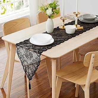 LINENZONE Black Table Runner with 2 Tassels for Rustic Vintage Decor. Lace Table Runner Works Great As Wedding Table Runner, Thanksgiving Table Runner, Christmas Table Runner (Mia 14 x 96, Black)