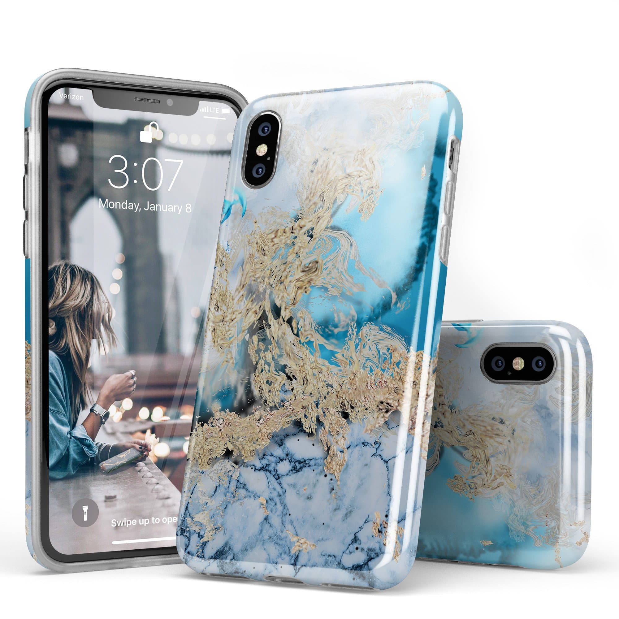 iPhone X Case for Girls, Marble Case iPhone 10, CASELY Blue and Gold Marble Design Clear Bumper TPU Slim Soft Rubber Silicone Cover Phone Case for Women Teens