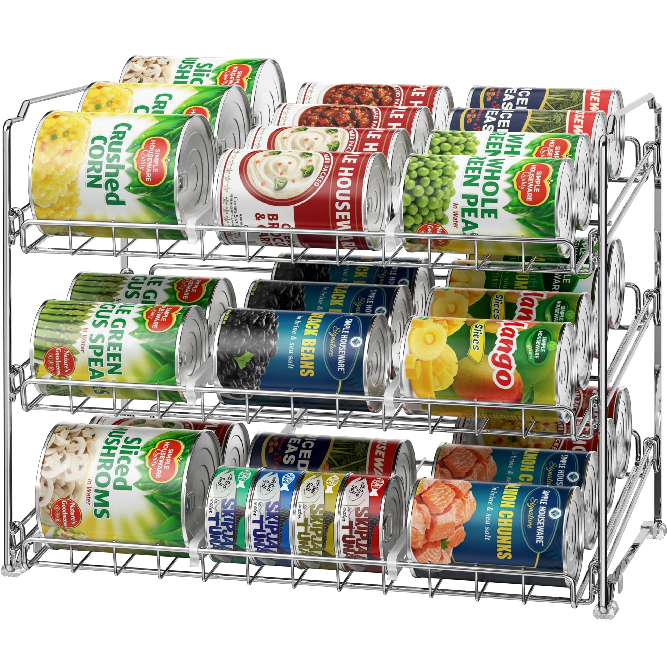 Simple Houseware Stackable Can Organizer Rack for Pantry/Cabinet – 11.5" D x 17" W x 13.75" H, Holds 36 Cans, 3-Tier Can Food Storage Dispenser, Chrome