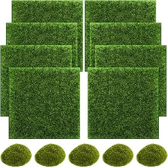 SNAIL GARDEN 13PCS Fairy Artificial Grass, 8Pack Life-Like Garden Lawn with 5Pcs Artificial Moss Rocks-Miniature Ornament Garden Fairy Accessories for DIY Decoration(6 x 6 Inch)