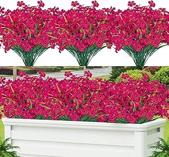 Lnoicy 12 Pcs Artificial Flowers for Outdoor,Plastic Flowers Decoration, UV Resistant Faux Flowers Shrubs, Artificial Plants for Indoor Outside Garden Home Wedding Farmhouse（Rose Red）