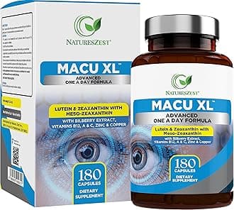 Macu XL - Lutein and Zeaxanthin Supplement - 6 Month Supply with Meso Zeaxanthin, Bilberry Extract, Vitamins A, B12 & Zinc, 180 Vegan Capsules - Eye Supplement for Vision Health – Packaging May Vary