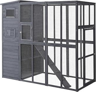 PawHut Catio Outdoor Cat Enclosure, Wooden Patio Cat Window Box with Platforms, Waterproof Asphalt Roof, Ramps, 77" L, Gray