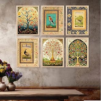 Traditional Indian Art Home Decoration Wall Painting Madhubani Art With Frame For Living Room Bed Room Hotel Wall Decor Digital Reprint Engineered Wood Set of 6 (M)