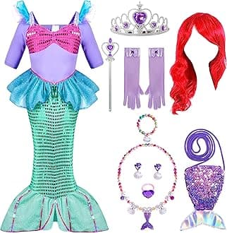 Spooktacular Creations Girls Mermaid Costume, Kids Mermaid Princess Fancy Dress Up Set with Red Wig and Headband for Halloween, Carnival, Party