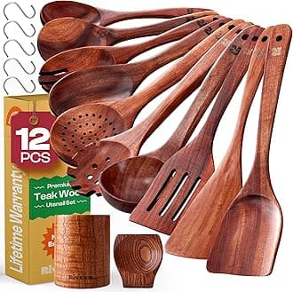 Riveira Dark Teak Kitchen Utensils Set - 12-Piece Non-Toxic Cooking Utensils Set - Wooden Spoons for Cooking - Spatula for Cooking - Teak Wooden Utensils