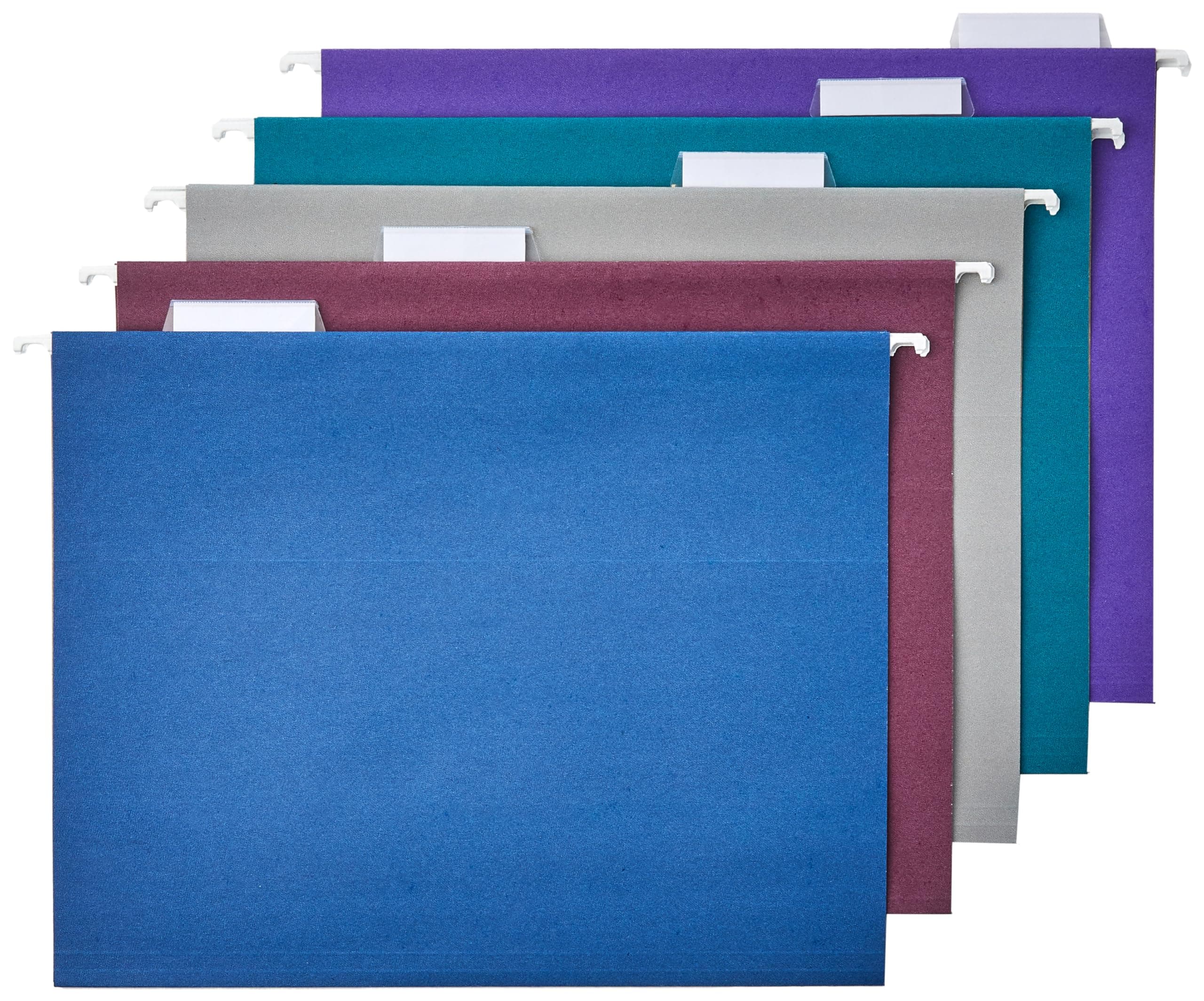 Amazon Basics Hanging File Folders with Adjustable Tabs for Document Organization, Letter Size, Assorted Jewel-Tone Colors, 25-Pack