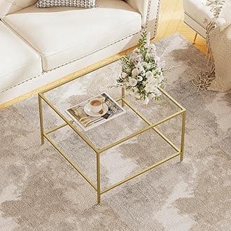 Glass Coffee Table, Modern Square Coffee Table for Living Room, Minimalist Center Tea Table with Sturdy Metal Frame for Apartment, Office, Easy Assembly, 27.6 x 27.6 x 17.7 Inches, Golden