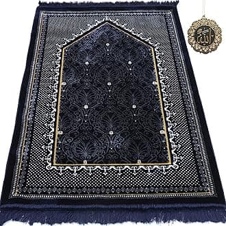 Modefa Turkish Islamic Velvet Prayer Rug - Thick & Wide Soft Praying Carpet - Large Traditional Muslim Salah Mat - Ramadan & Eid Gift - with Car Hanger - Double Plush Topkapi (Blue)