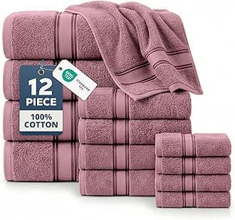 Bathroom Towels Set of 12 – Zero Twist, 100% Cotton Soft Towel, 4 Bath, 4 Handtowel & 4 Washcloths, Luxury Hotel Design, Perfect for Salon & Guests, Machine Washable – Wishful Mauve