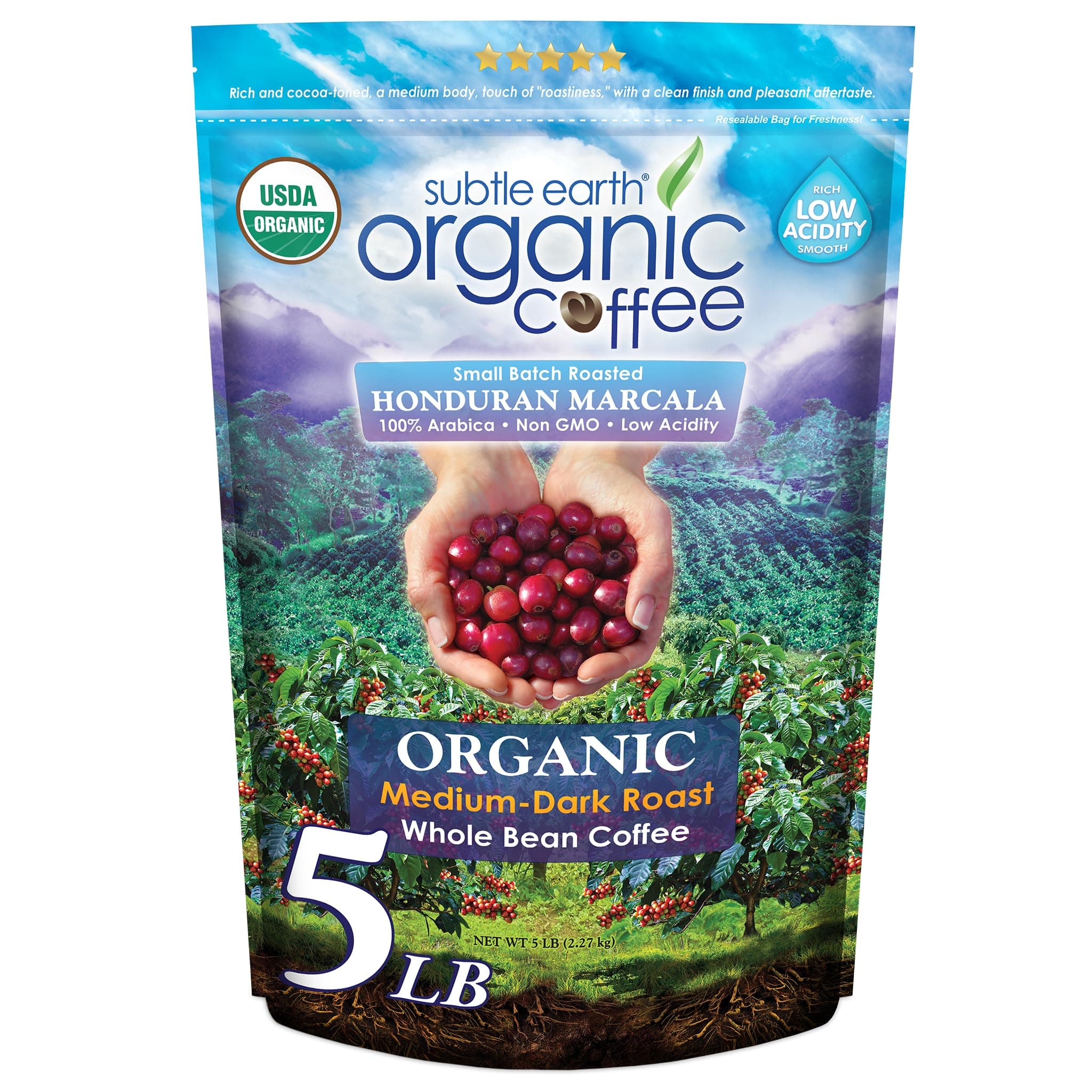 5 LB Subtle Earth Organic Coffee - Medium-Dark Roast