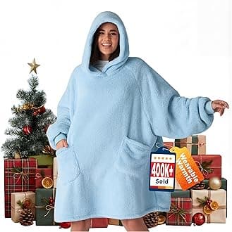 Bedsure Wearable Blanket Hoodie Women - Fluffy Fleece Hoodie Blanket for Adults Men, Warm Hooded Blanket as Gifts for Her, Blue, L
