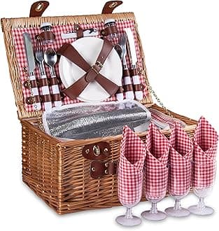 Picnic Basket for 4 Wicker Picnic Set with Insulated Liner for Camping,Wedding,Valentine Day,Gift - Reinforced Handle, Red