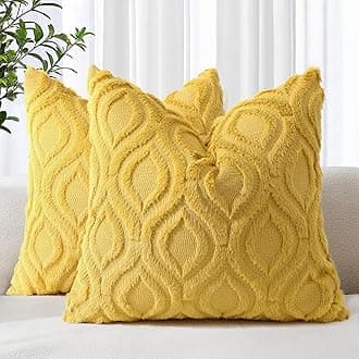 decorUhome Set of 2 Faux Fur Cushion Covers 45x45 cm, Decorative Soft Plush Fluffy Velvet Cushion Cover 18X18 Inch,Square Boho Neutral Pillow case for Sofa, Mustard Yellow