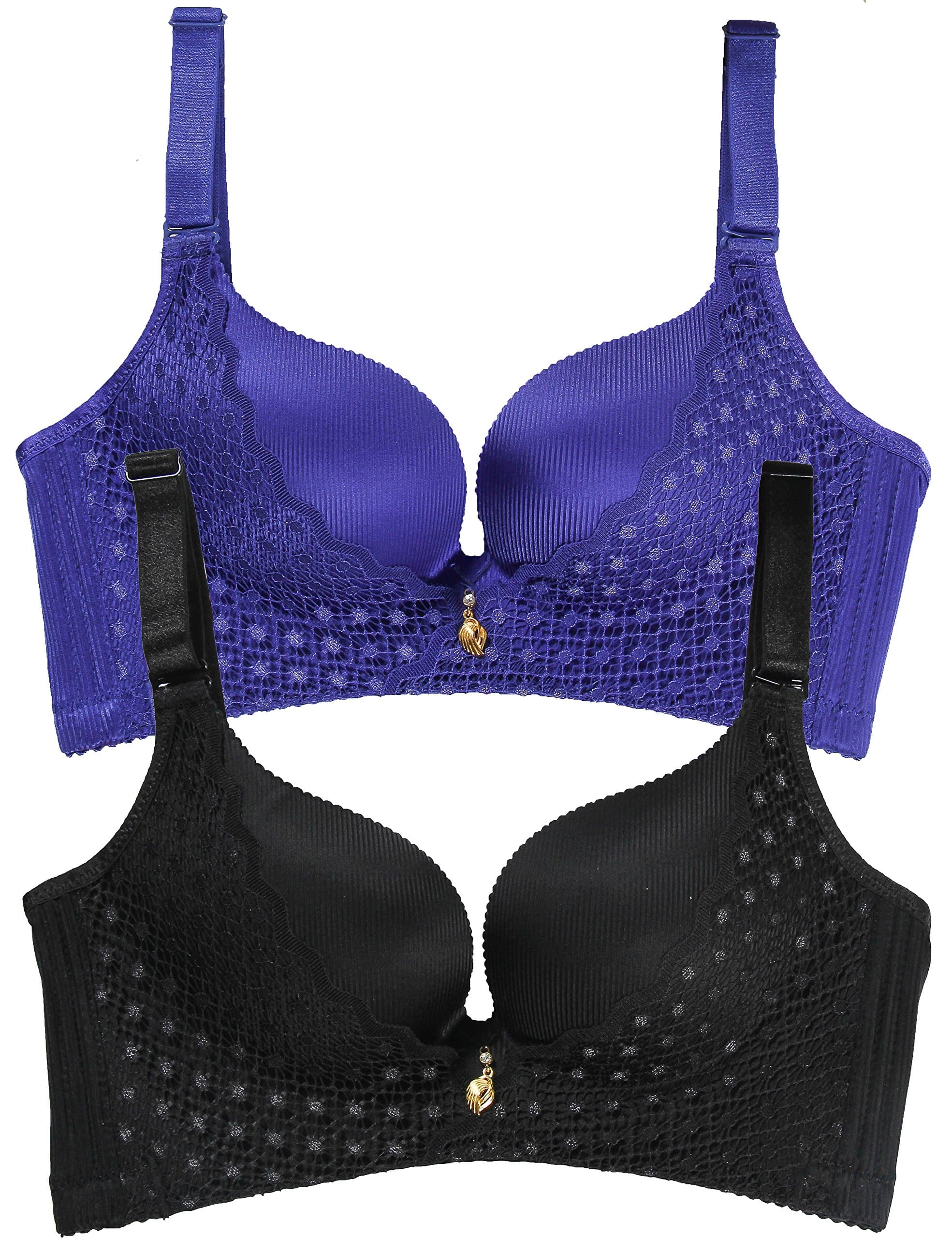 Nasse Sexy Wireless Padded Push Up Bra, Full Coverage Minimizer Bras for Women 2-Pack (36B/36C, Black/Blue)