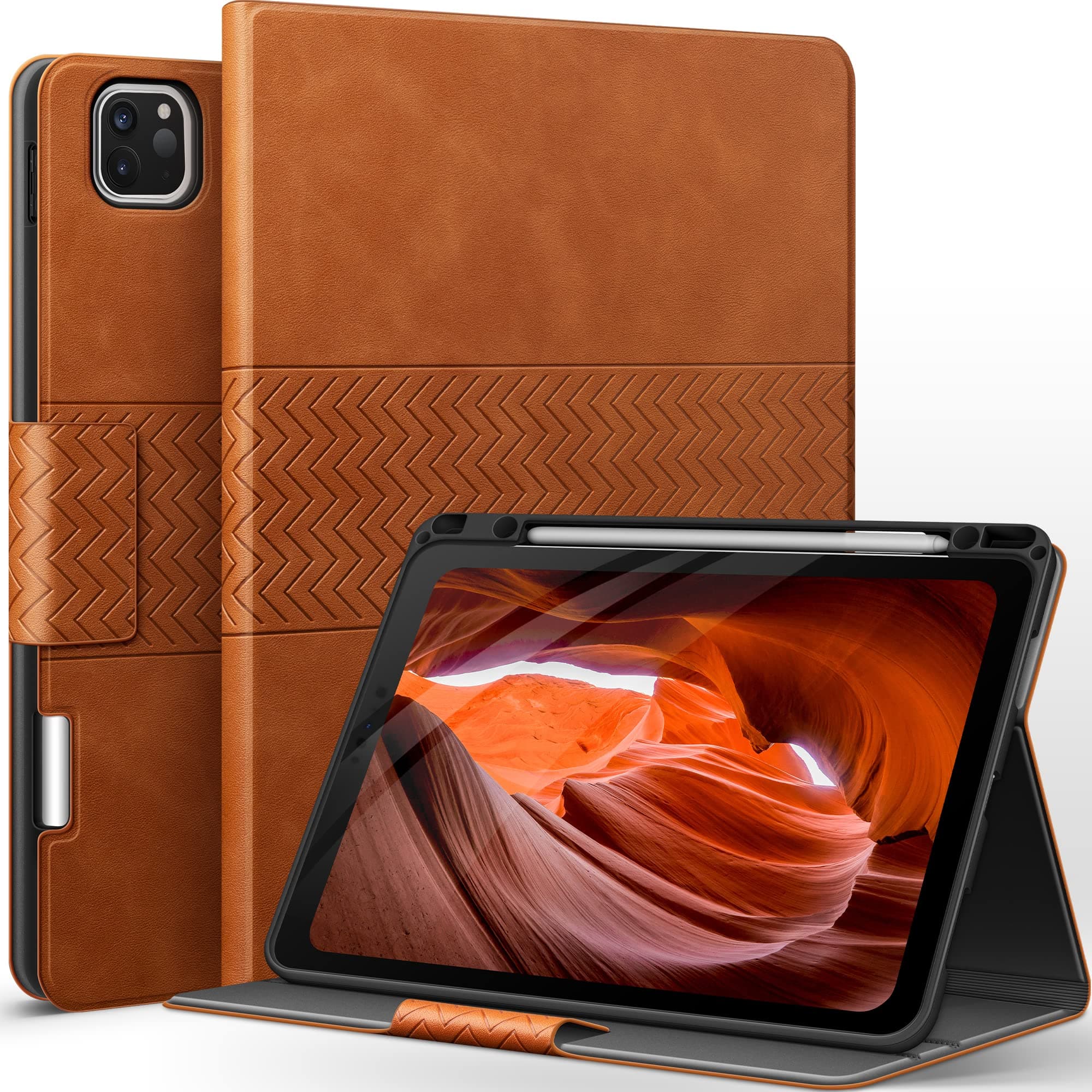 AUAUA Case for iPad Pro 12.9 6th/5th/4th/3rd Generation 2022/2021/2020/2018, Vegan Leather Stand Cover with Pencil Holder, Auto Sleep/Wake (Brown)