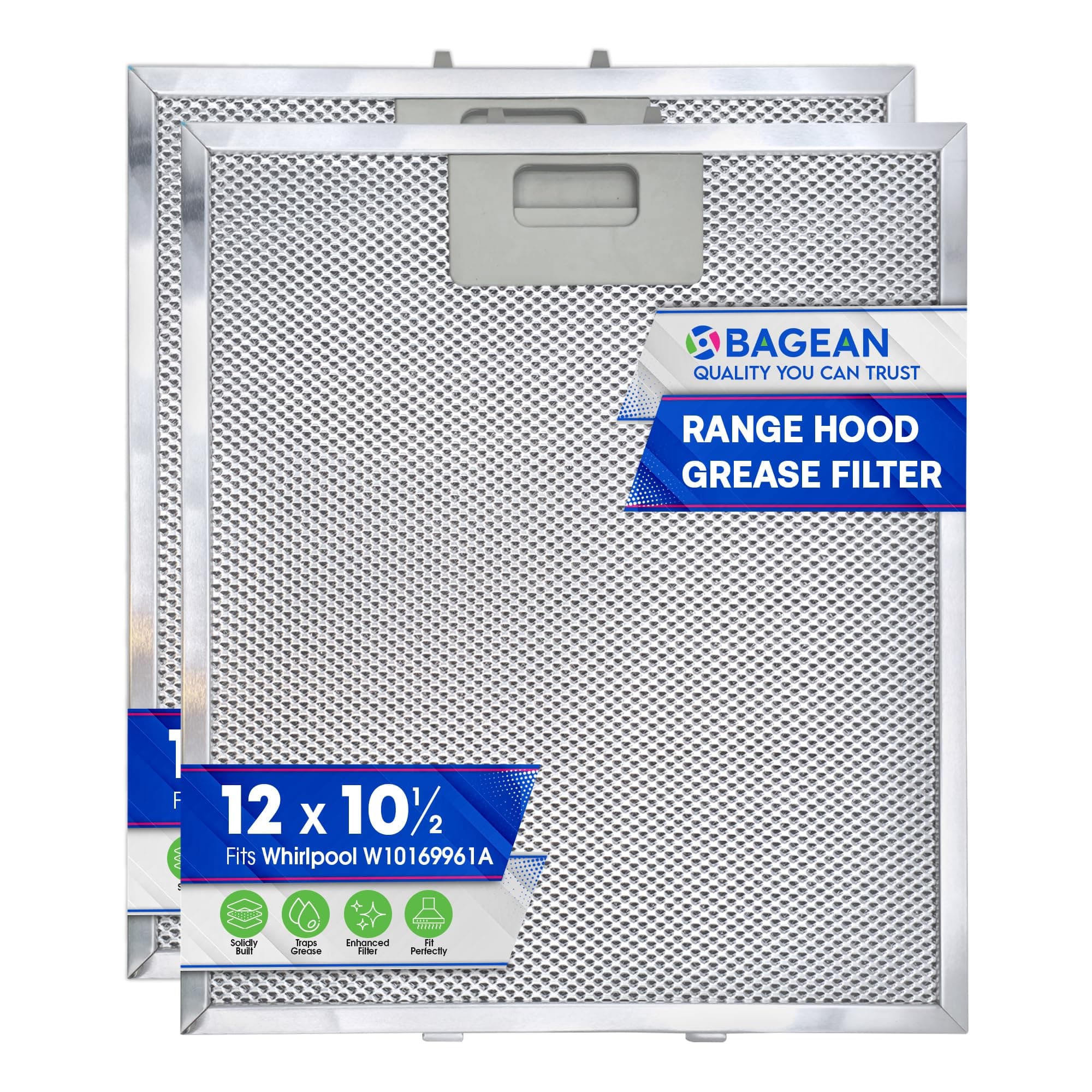 Bagean Range Hood Filter Replacement 12" x 10.5" W10169961A Compatible with Whirlpool Stove Hood Vent Filter - Aluminum Screen for Kitchen Overhead Exhaust Fan Blocks Grease & Filters Oven Air (2-Pk)
