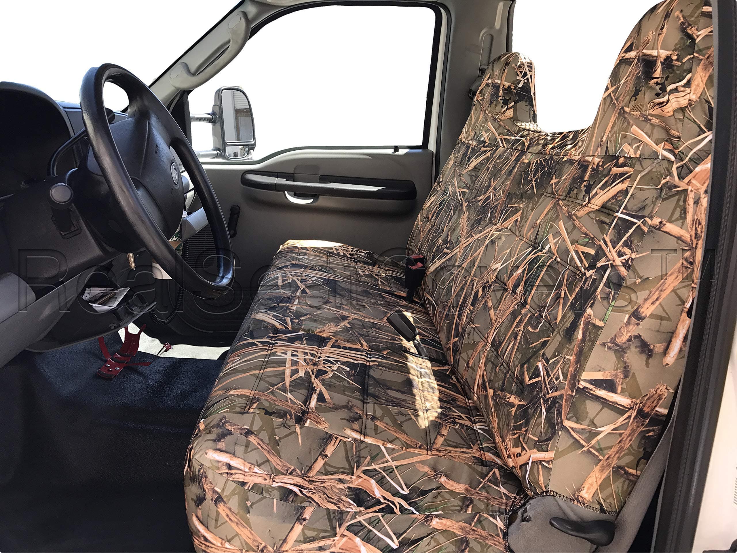 RealSeatCovers for Front Solid Bench Thick F23 Molded Headrest Belt Cutout Exact Fit Seat Cover for Ford F150 F250 F350 F450 F550 F-Series 1992-2010 (Muddy Water Camo)