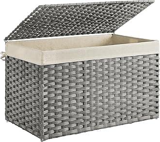 SONGMICS Storage Basket with Lid, 42.3 Gallon (160L) Storage Bin, Woven Blanket Storage Basket with Handles, Foldable, Removable Liner, Metal Frame, for Bedroom, Laundry Room, Gray URST76WG