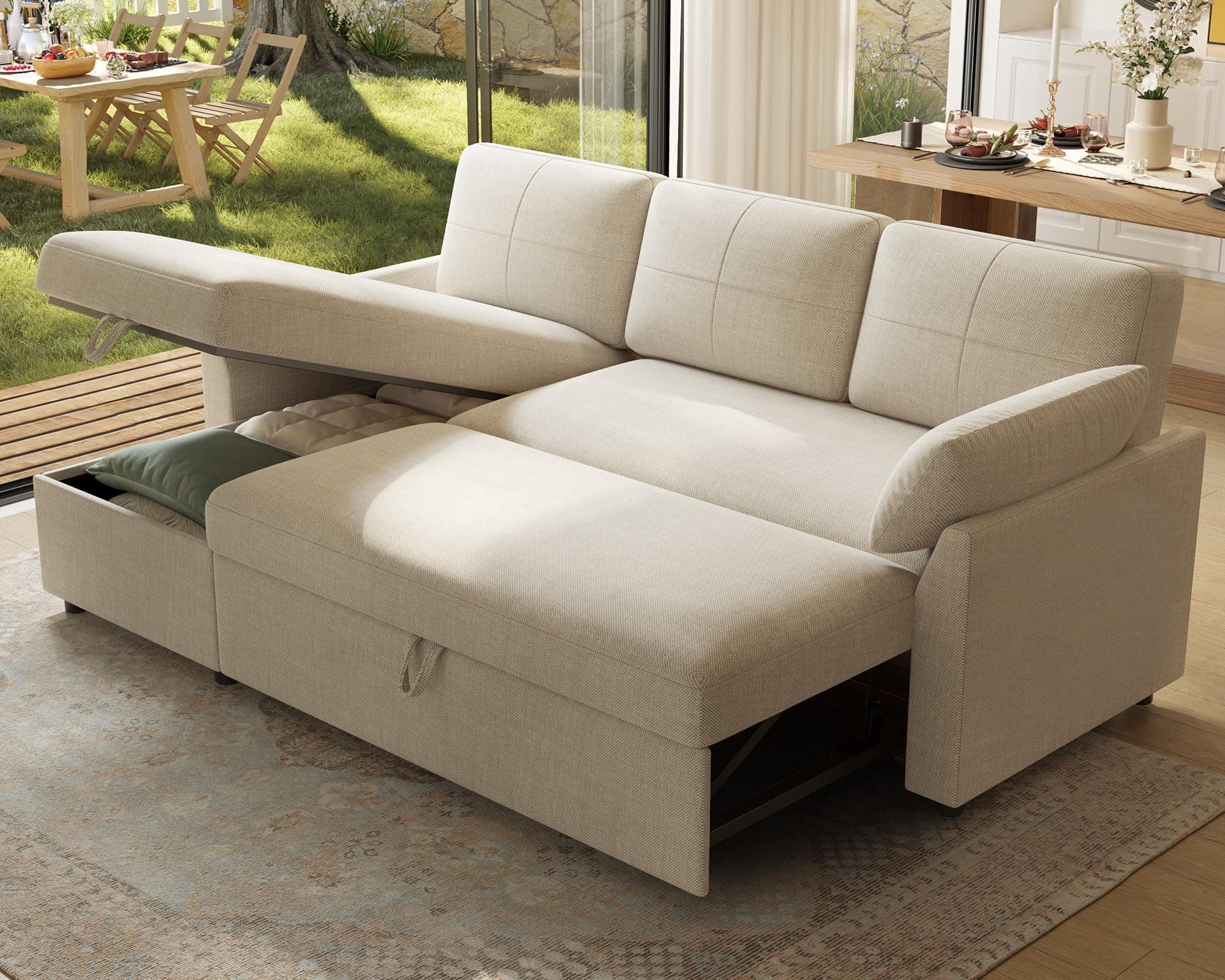 PaPaJet Sofa Bed, Sleeper Sofa with Storage Chaise, L Shaped Sofa with Pull Out Bed, Oversized Sofas for Living Room, Beige