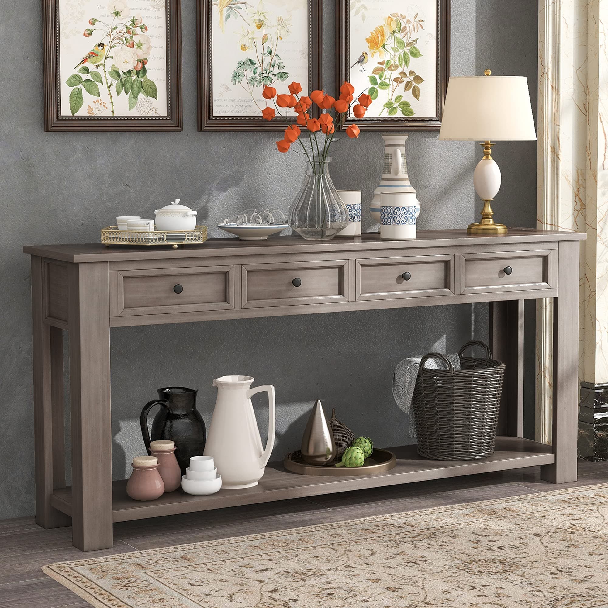 Console Table for Entryway Hallway Sofa Table with Storage Drawers and Bottom Shelf (Gray Wash)