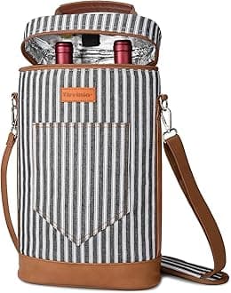 Tirrinia 2 Bottle Wine Tote Carrier - Insulated & Padded Versatile Cooler Bag for Travel, BYOB Restaurant, Wine Tasting, Party, Great Gift for Wine Lover, Black Stripe