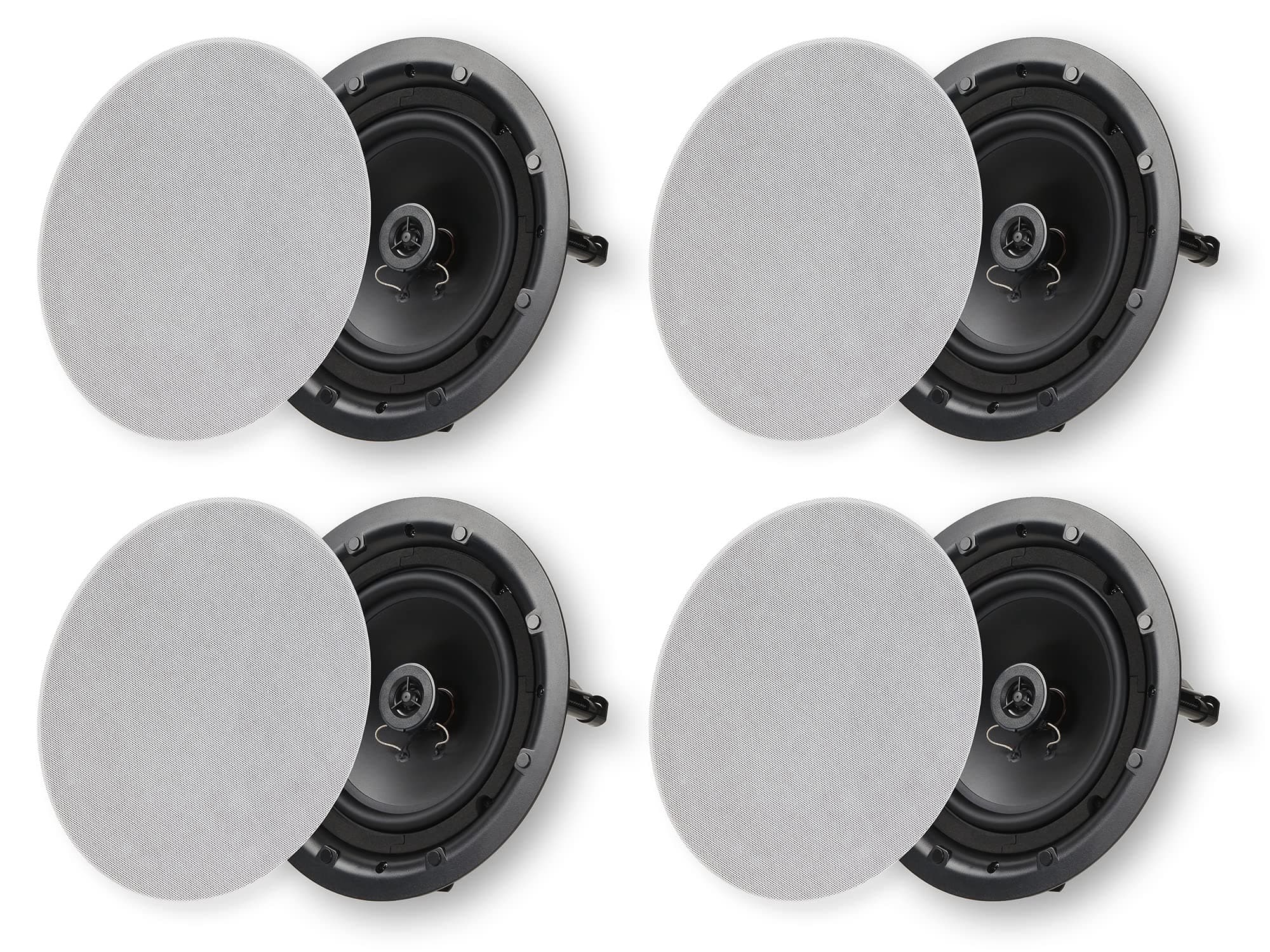 8" 2-Way in Ceiling or Wall Round Speakers, 4 Pack, 8 Inch Woofer, 9.75" Cutout Diameter, Low Profile Rimless Design, for Indoor Rooms or Covered Outdoor Porches, White, Paintable