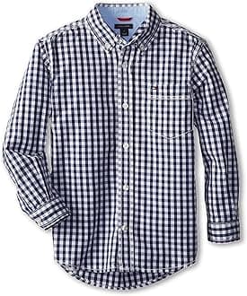 Tommy Hilfiger Boys Long Sleeve Woven Shirt, 100% Cotton, Collared Button-Down with Embroidered Logo, Parfait Pink