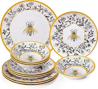 LEHAHA Honeycomb Bee Sweet 12-Piece Melamine Dinnerware Set,Melamine Dishes Set of 4, Lightweight and Unbreakable Garden Floral Dinner Plates and Side plates and All-purpose Bowls Set