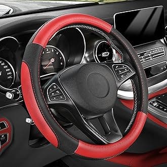 SEG Direct Car Steering Wheel Cover for Prius Civic Model 3 Model Y Camaro, Small Size 14-14.25 inch, Black and Red Microfiber Leather