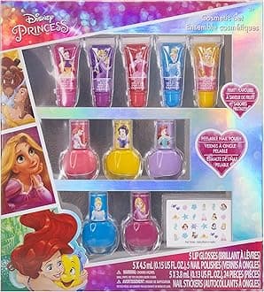 Disney Princess - Townley Girl Super Sparkly Cosmetic Makeup Set for Girls with Lip Gloss Nail Polish Nail Stickers - 11 Pcs|Perfect for Parties Sleepovers Makeovers| Birthday Gift for Girls 3 Yrs+