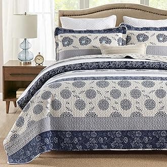 Homzard Quilt King Size-Comforter King Quilt Bedding Set,Navy Blue Beige Grey All Cotton Quilted Bedspread,Striped Floral Pattern Bedding Set,Lightweight Reversible 3 Piece,All Seasons