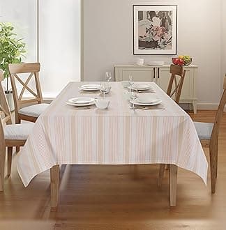 Dobby Stripe Tablecloth. 100% Cotton Ring Spun Mitered Stitched Cotton Tablecloth in Size (60x104 inches). Rectangle/Oblong. Color : Pink-Taupe