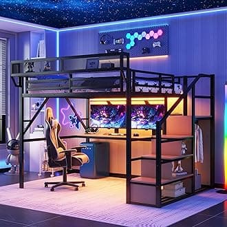 Queen Loft Bed with Desk and RGB Light, Metal Loft Bed Frame with Stairs and Bedside Shelf, Heavy-Duty Lofts Beds with Storage Shelves and Wardrobe for Kids Teens, Black