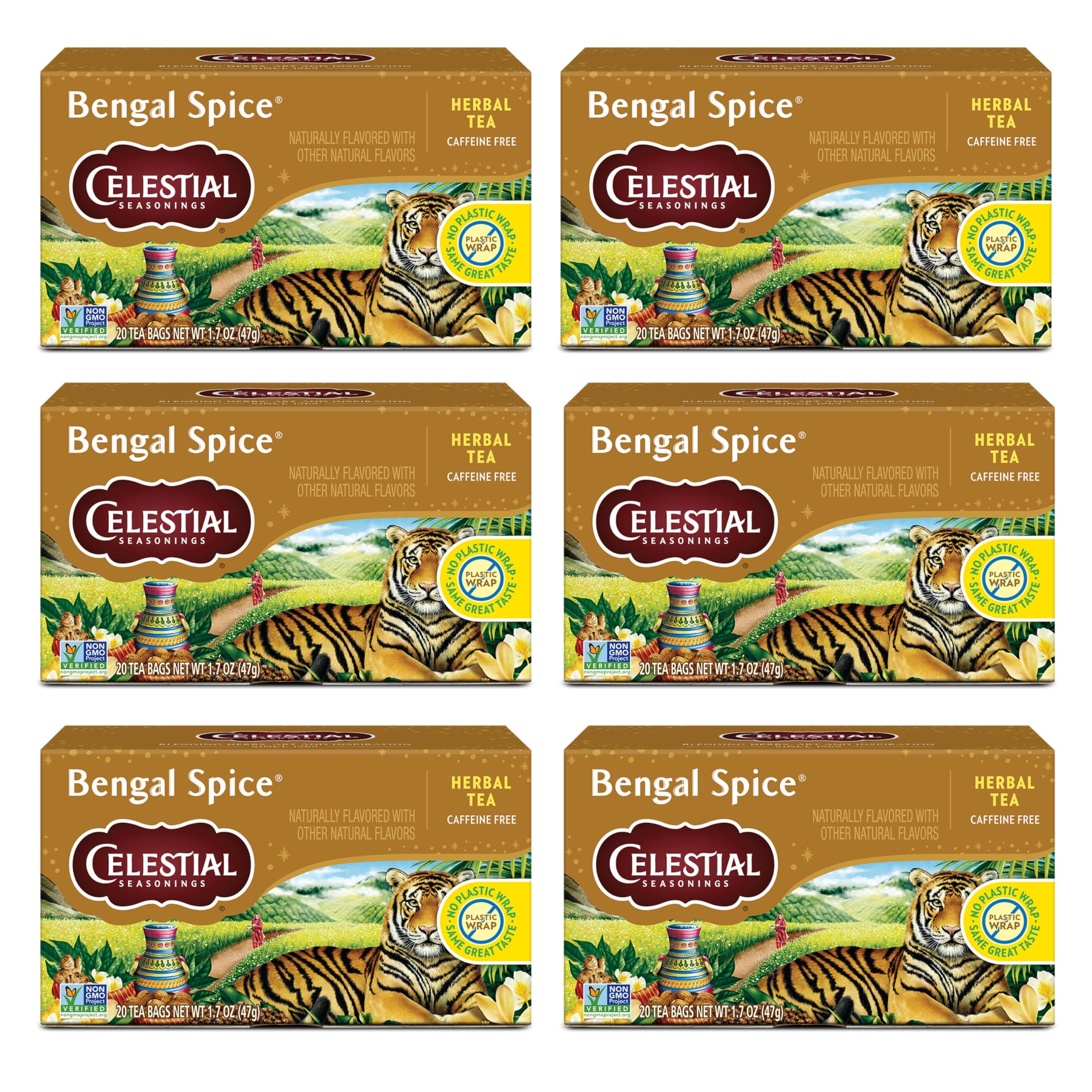 Celestial Seasonings Bengal Spice Herbal Tea, Caffeine Free, 20 Tea Bags Box (Pack of 6)