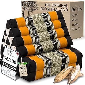 livasia Thai cushion with 2 seat rests - 47x20x3.1″ - Triangle cushion with seat cushion, Wedge cushion, kapok, Back support cushion, folding, Thai mat, folding, Hand made (Black/Orange)