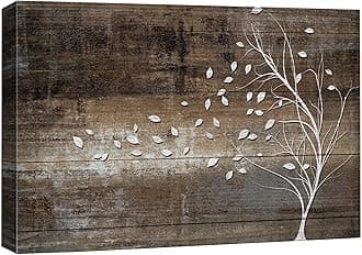 Canvas Print Wall Art White Tree Silhouette with Blowing Leaves on Vintage Wood Panels Nature Wilderness Illustrations Modern Art Rustic Relax/Calm for Living Room, Bedroom, Office - 24"x36"