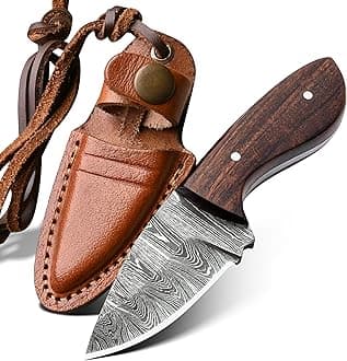 4.5" Damascus Small Neck Knife with sheath-Full Tang Knife necklace for Men Small Fixed Blade Knife for EDC, Camping, Outdoor, Skinning and Gift For Men