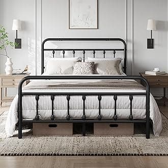 4ft6 Double Bed Frame Vintage Iron Platform Bed with High Headboard and Footboard, Strong Metal-Framed Bed with Storage Black