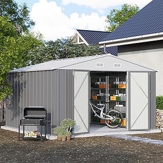 10' x 10' Metal Storage Shed for Outdoor, Steel Yard Shed with Design of Lockable Doors, Utility and Tool Storage for Garden, Backyard, Patio, Outside use, Grey
