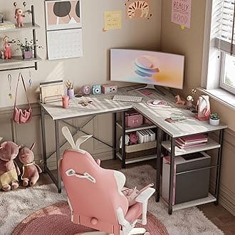 Bestier L Shaped Desk with Storage Shelves 75 Inch Home Office Computer Long Desk Reversible Student Kid Writing Study Table for Small Space Bedroom Apartment, Wash White