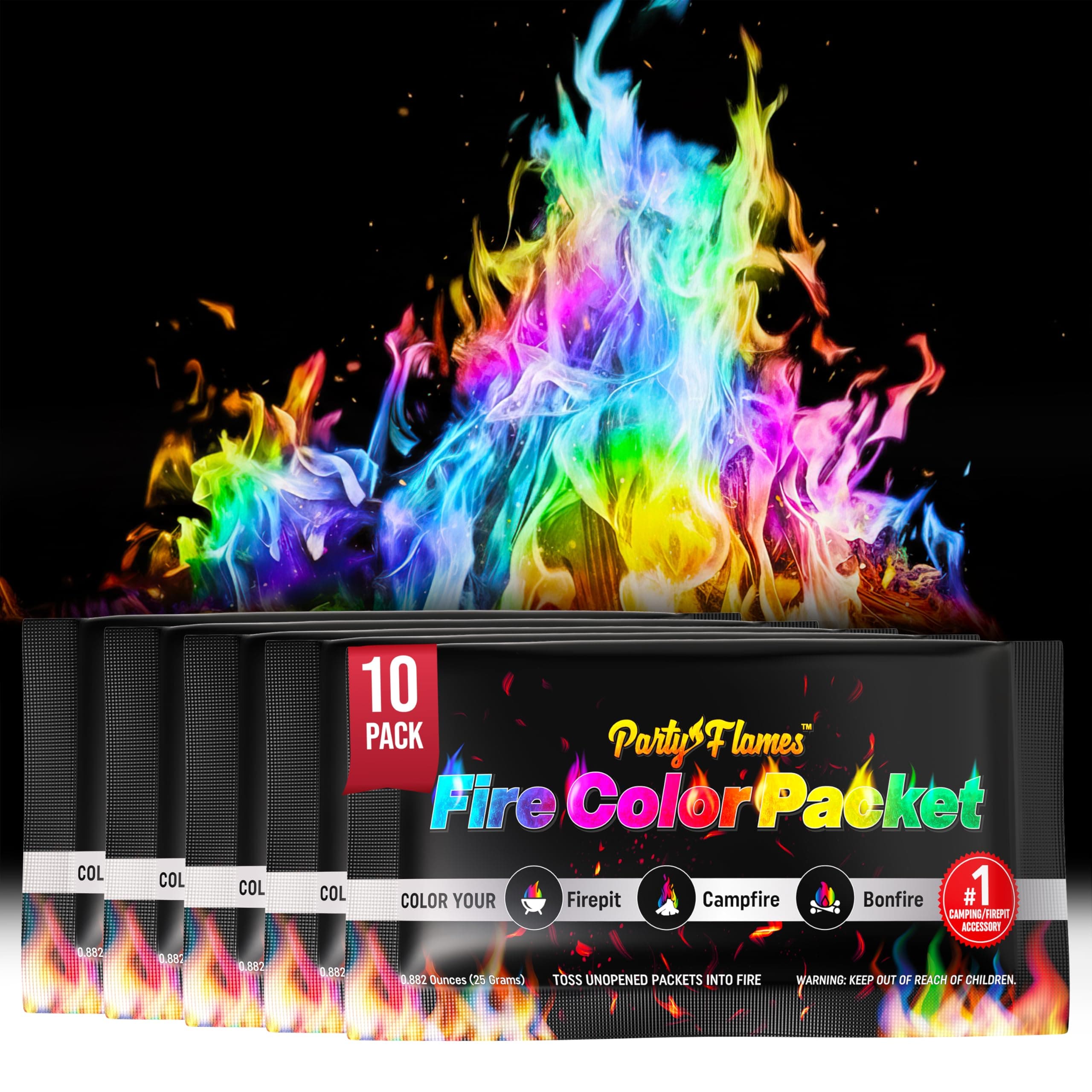 Magic Campfire Fire Color Changing Packets for Fire Pit (10 Pack) Outdoor Fireplaces & Bonfires, Rainbow Colored Flames - Perfect Camping Essential & Accessories - Must Have for Kids & Adults