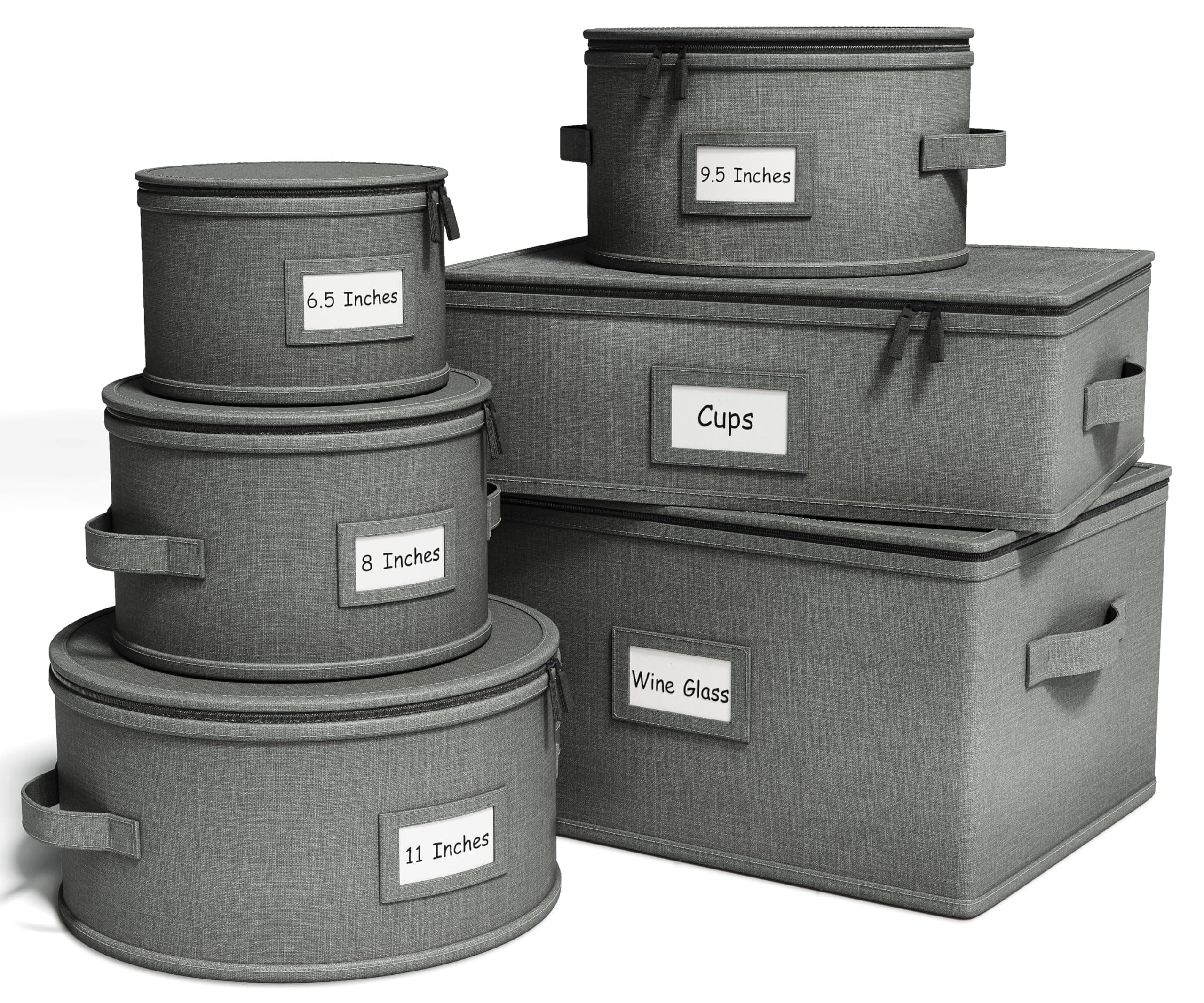 Hard Shell China Storage Containers – 6 Piece Set for Storing Dinner Plates, Salad Plates, Mugs, Quilted Dividers for Safe Moving and Seasonal Storage, Grey