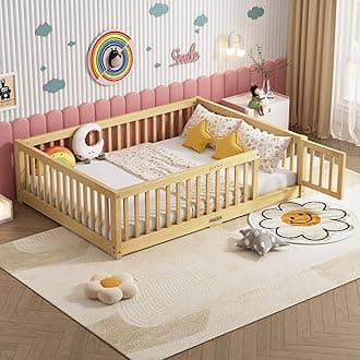 Full Size Floor Bed with Convertible Door & Wood Slats Support for Girls & Boys,Wood Montessori Bed Frame w/Guardrails & Close to The Floor for Kids,Natural