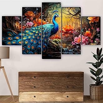 SAF Peacock Paintings for Wall Decoration - Set Of Five, 3d Scenery Vastu Painting for Living Room Large Size with Frames for Home Decoration, Hotel, Office 127 cm x 75 cm SANFBL35471