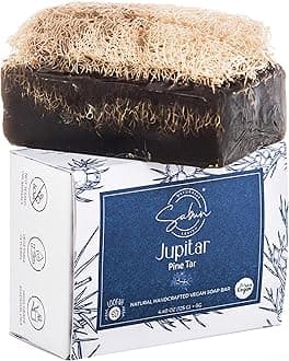 Tar Soap with Loofah - Natural Exfoliating Soap Bar for Men - Smells Like Smoked Woody Pine - Handmade with Pine Tar, Jojoba Oil, Witch Hazel - Black Soap Bar for Body Scrub [4.40 oz - 125 gr]