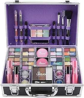Love Urban Beauty Bliss Makeup Case Vegan Products – Complete Suitcase Eyeshadow, Blusher, Lipstick, Eyebrow Wax & Powder, Brushes Aluminum-Framed Organizer, Black, 1.0 count